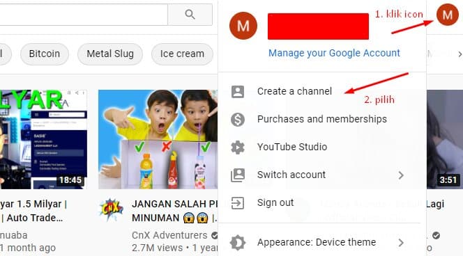 klik icon akun google dan create channel